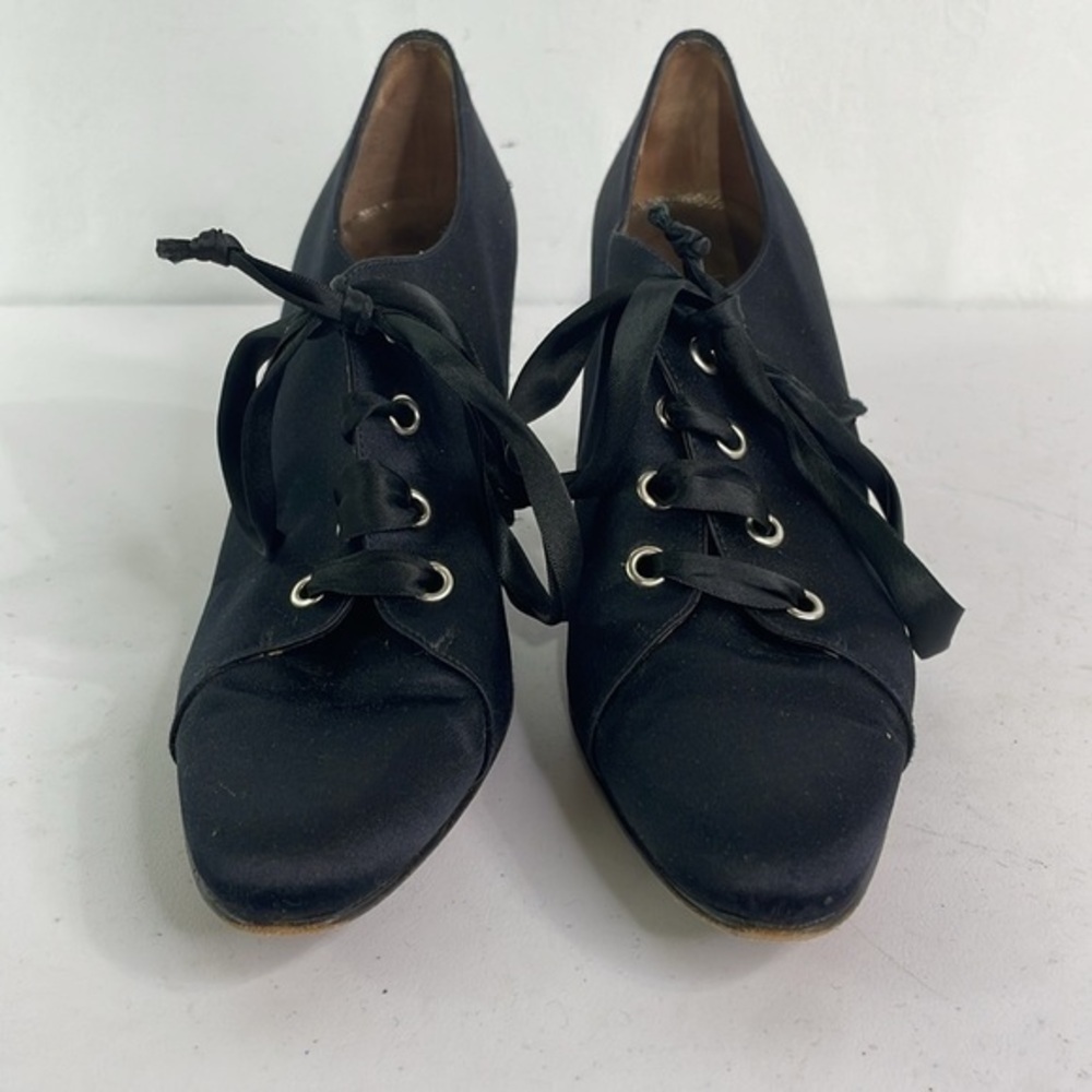 Privata black satin pointed toe lace up pewter heel shoes